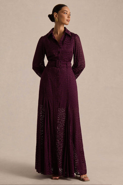 Kirsty | Vestido Camisero Morado de Manga Larga con Falda de Vuelo
