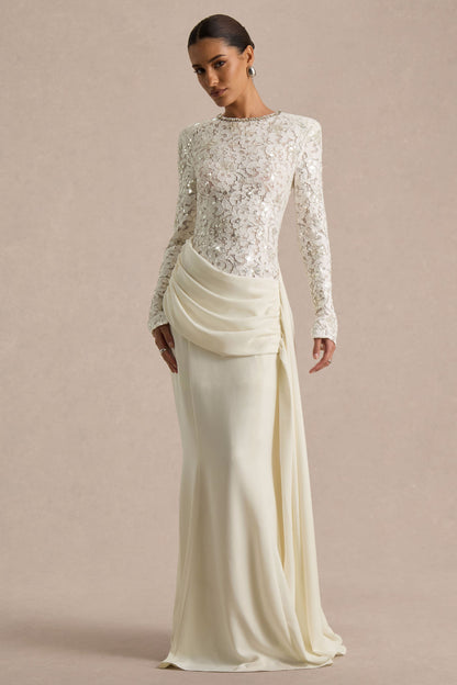 Beau | Vestido Largo de encaje crudo con escote alto y detalle drapeado