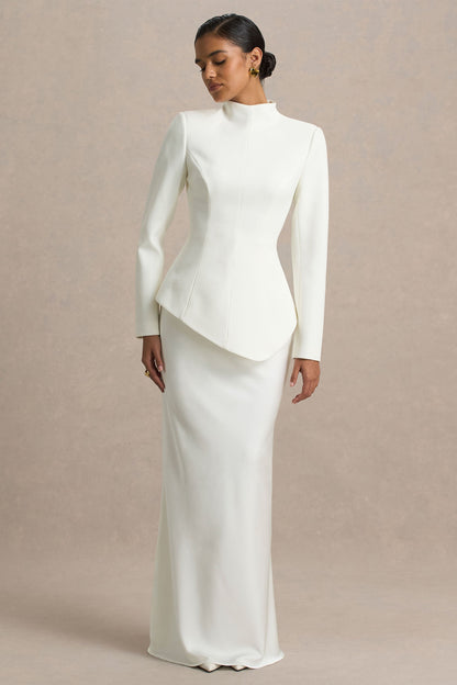 Pepita | Vestido Largo Crema de Escote Alto con Cintura Asimétrica y Falda de Satén