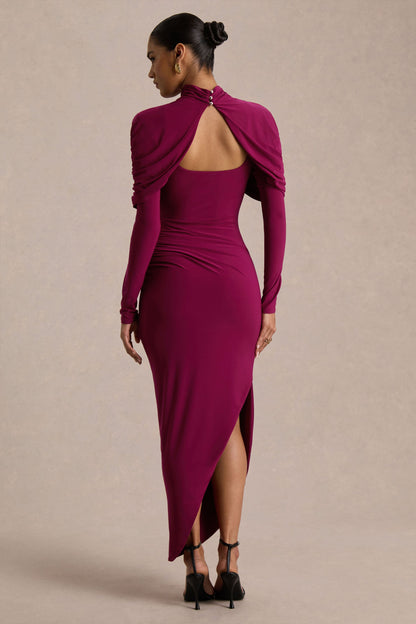 Aneira | Vestido largo burdeos de cuello alto con mangas capa