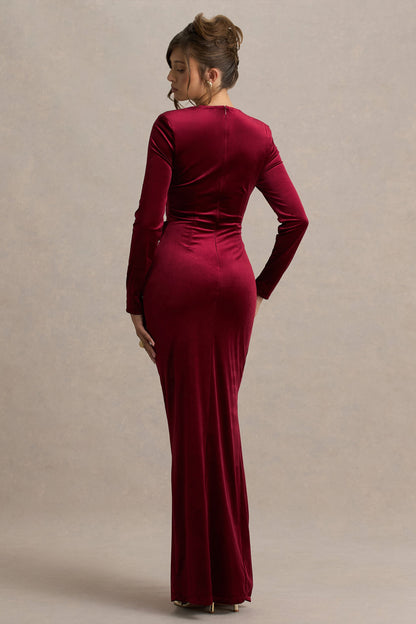 Fay | Vestido Largo Anudado Estilo Corsé en Terciopelo Color Baya