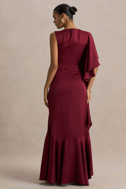Freya | Vestido Largo De Satén Burdeos Con Cuello Alto y Detalle Fruncido