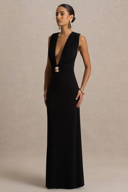 Alena | Vestido Largo Negro con Escote Profundo y Detalle Dorado