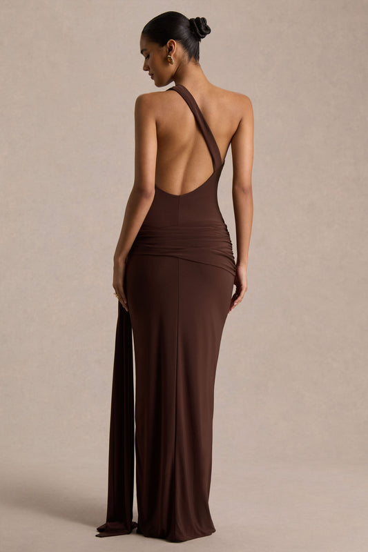 Bonnie | Vestido Largo Marrón con Escote Asimétrico y Detalles Fruncidos