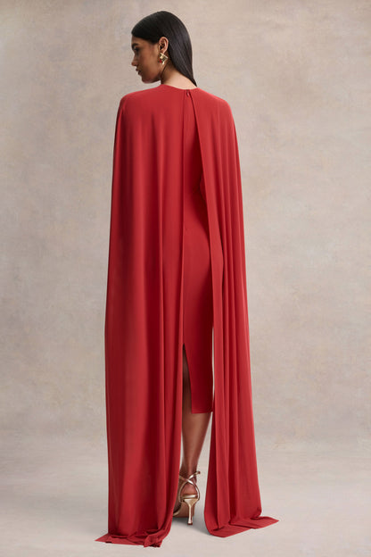 Kalani | Vestido Midi Rojo con Cuello Redondo y Mangas Tipo Capa