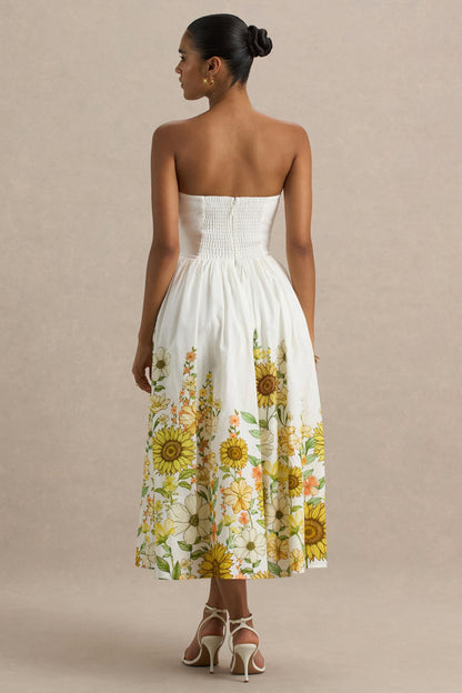 Ivory | Vestido midi asimétrico con escote bandeau y estampado de girasoles