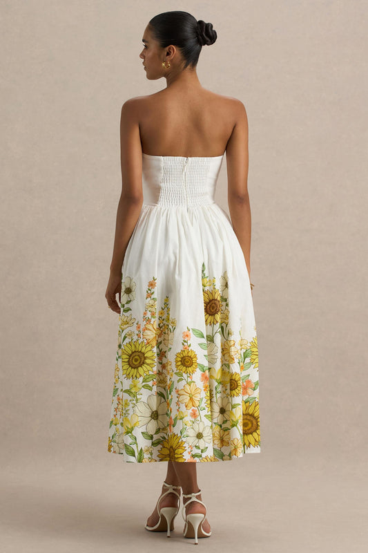 Ivory | Vestido midi asimétrico con escote bandeau y estampado de girasoles