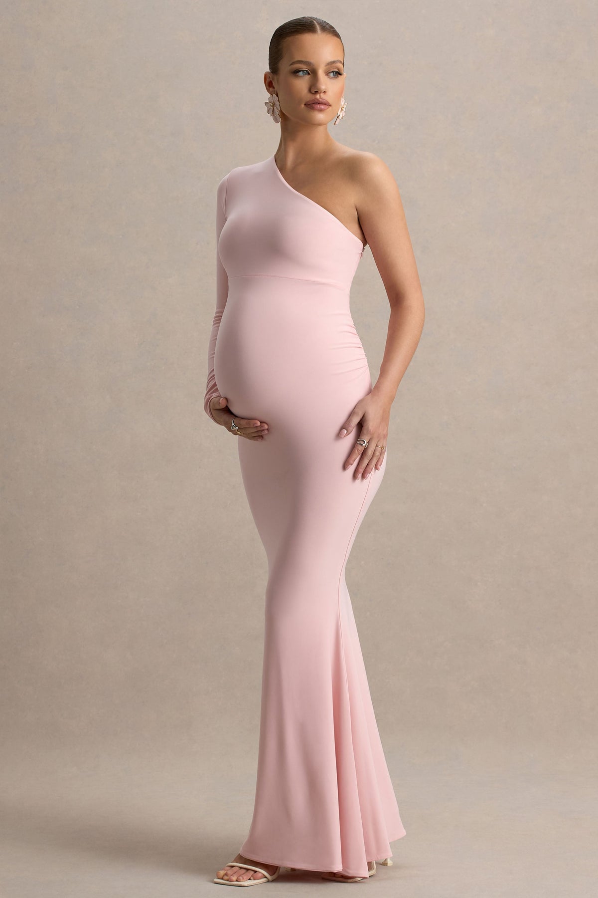 Heloise | Vestido largo premamá en  Rosa Asimétrico de Una Manga