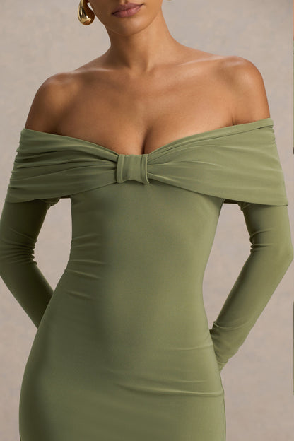 Spark | Vestido Midi Oliva Con Escote Bardot Y Detalle De Lazo