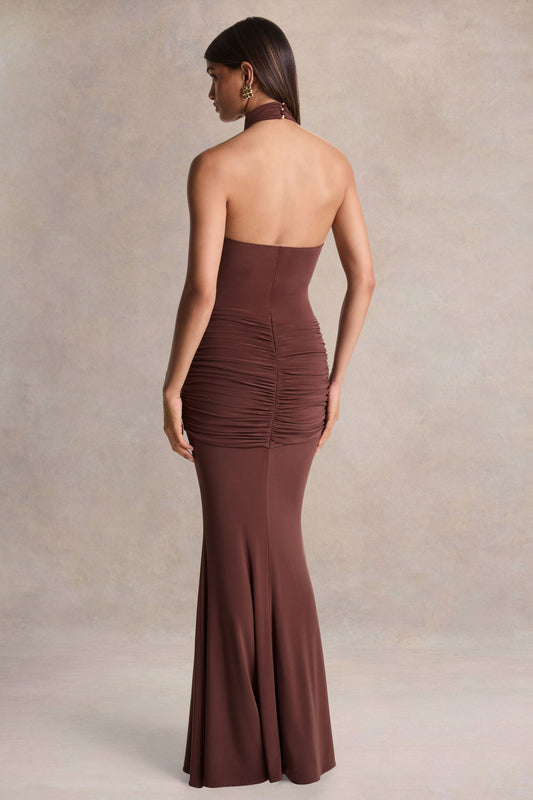 Hyla | Vestido Largo Marrón con Escote Alto y Detalle de Fajín