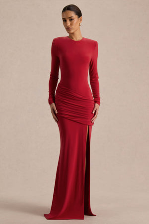 Liora | Vestido Largo Rojo de Cuello Alto con Abertura Delantera Alta