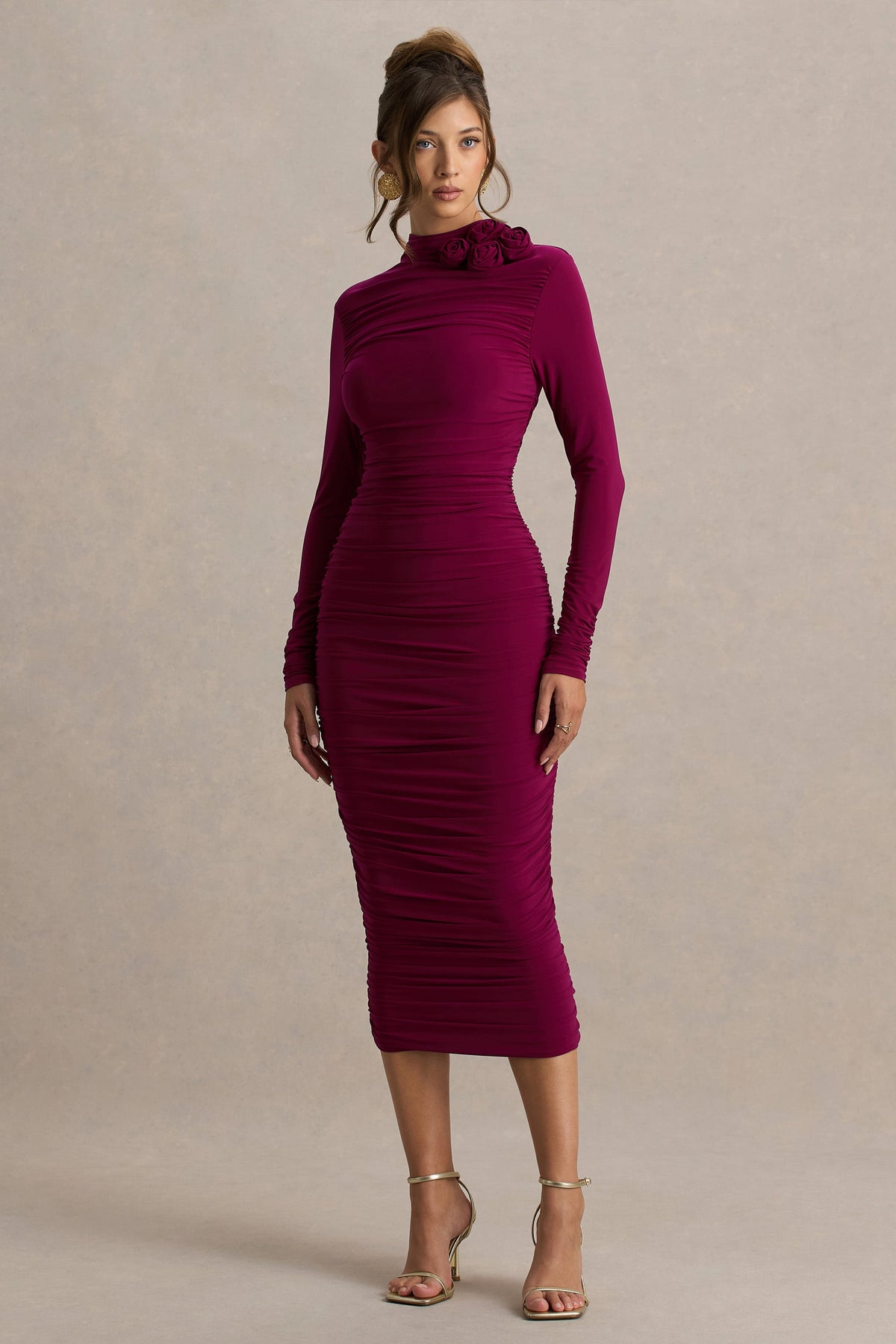 Tamara | Vestido Midi Burdeos de Manga Larga con Fruncidos
