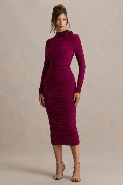 Tamara | Vestido Midi Burdeos de Manga Larga con Fruncidos