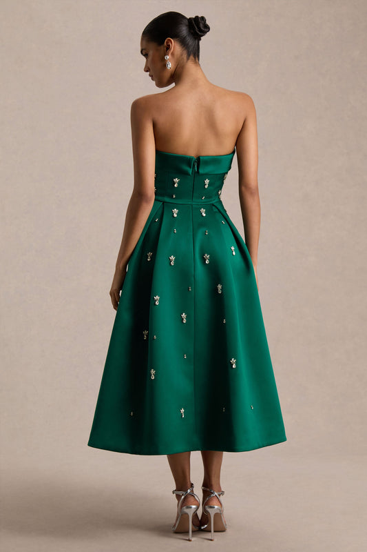 Sylvette | Vestido Midi Skater de Satén Verde Oscuro con Escote Bandeau