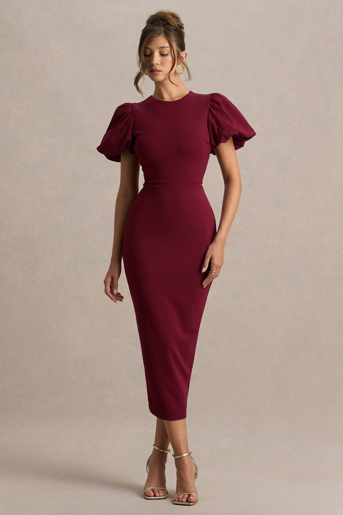 Dakota | Vestido Midi Burdeos De Manga Abullonada