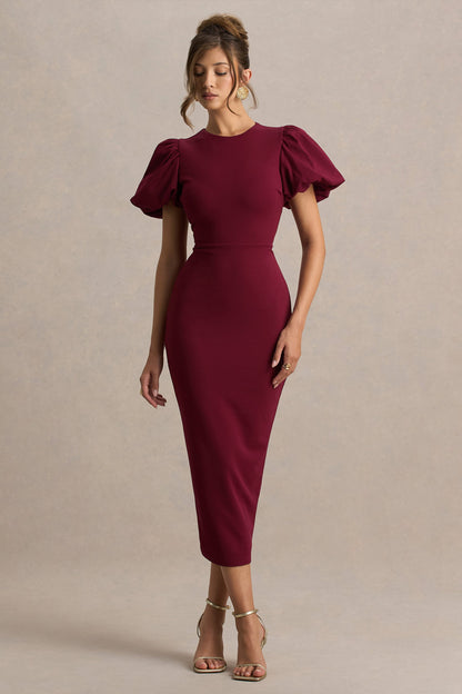 Dakota | Vestido Midi Burdeos De Manga Abullonada