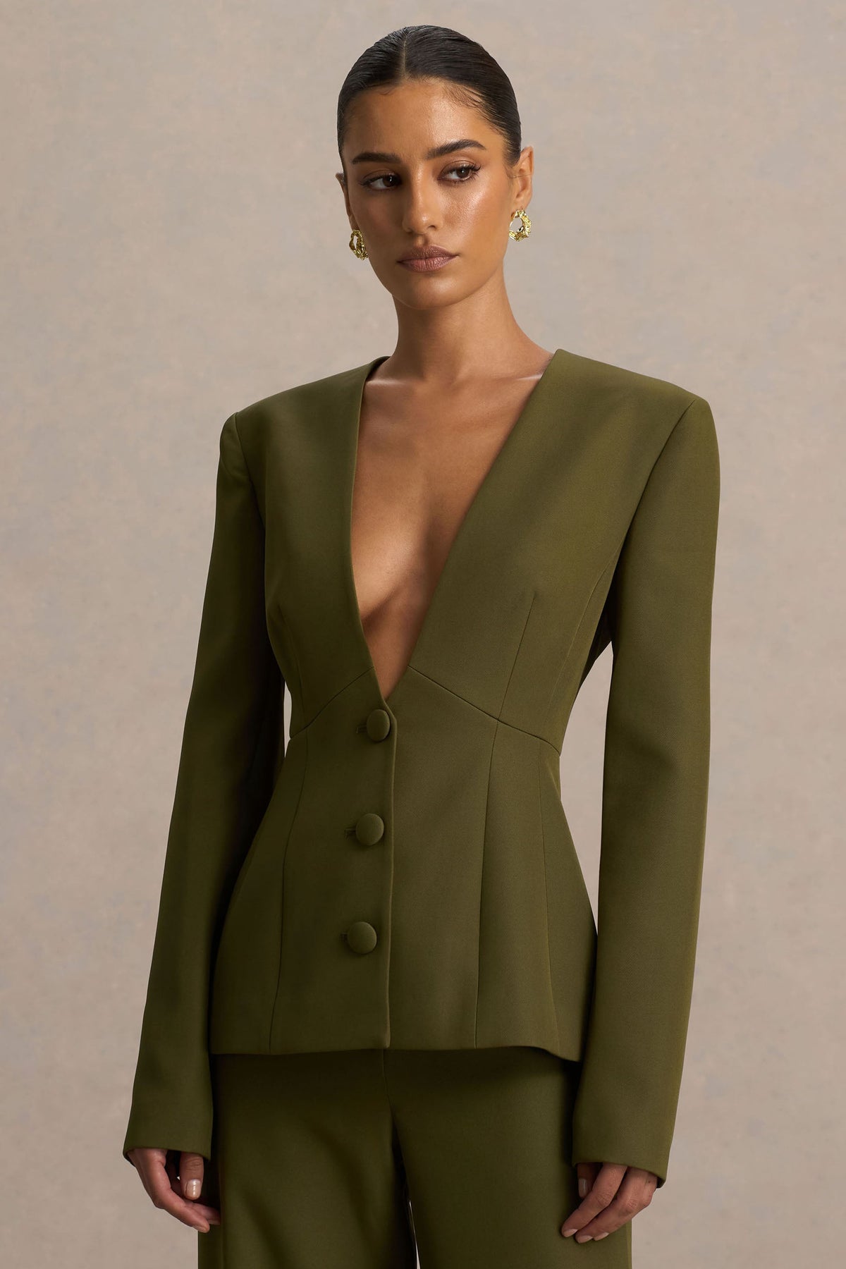 Rosalina | Blazer Verde Oliva Entallado con Escote Profundo Extremo