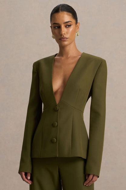 Rosalina | Blazer Verde Oliva Entallado con Escote Profundo Extremo