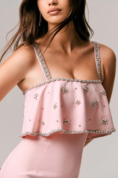 Scarlet | Vestido Largo rosa pálido con escote cuadrado y detalles ornamentales