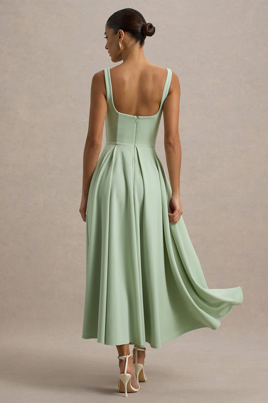 Parina | Vestido midi verde claro con escote cuadrado y falda voluminosa