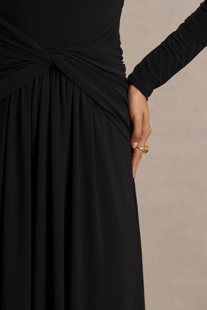 Estrella | Vestido Largo negro con cuello alto y detalle fruncido