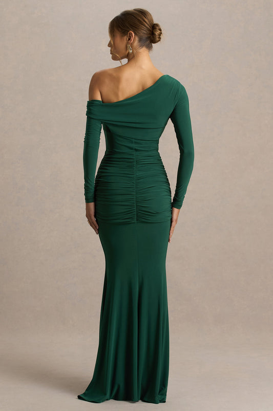 Clover | Vestido largo asimétrico con cuello cruzado y fajín en verde oscuro