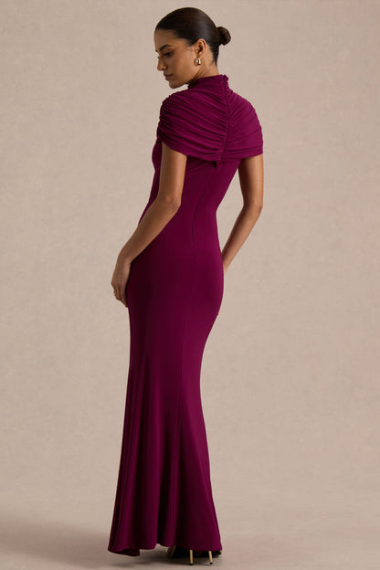 Azaria | Vestido largo burdeos de cuello alto con detalles fruncidos