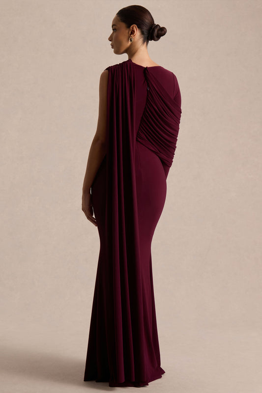 Rubelle | Vestido Largo Burdeos de Escote Asimétrico con Detalle Drapeado