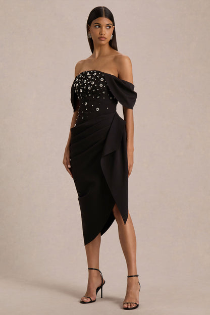 Sylvia | Vestido Midi Negro con Escote Bardot, Bordado y Falda Envolvente Drapeada