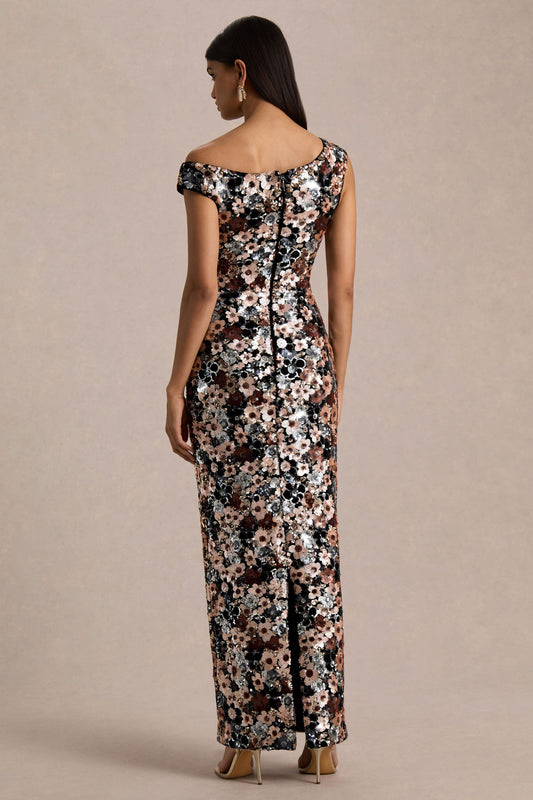 Electric | Vestido Largo de Terciopelo Negro con Lentejuelas Florales y Escote Asimétrico