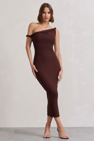 Salome | Vestido midi en marrón chocolate con escote asimétrico retorcido