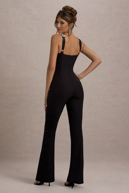 Amadi | Mono negro con detalles brillantes, tirantes con  pierna acampanada.