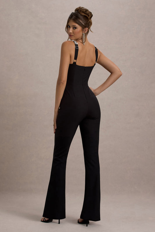 Amadi | Mono negro con detalles brillantes, tirantes con  pierna acampanada.