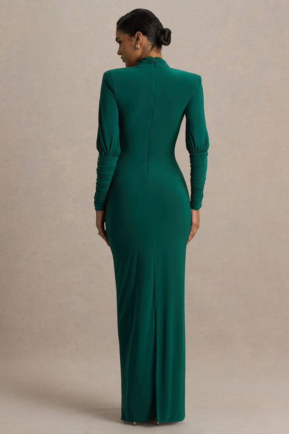 Kaylee | Vestido largo verde botella con mangas largas y escote pronunciado
