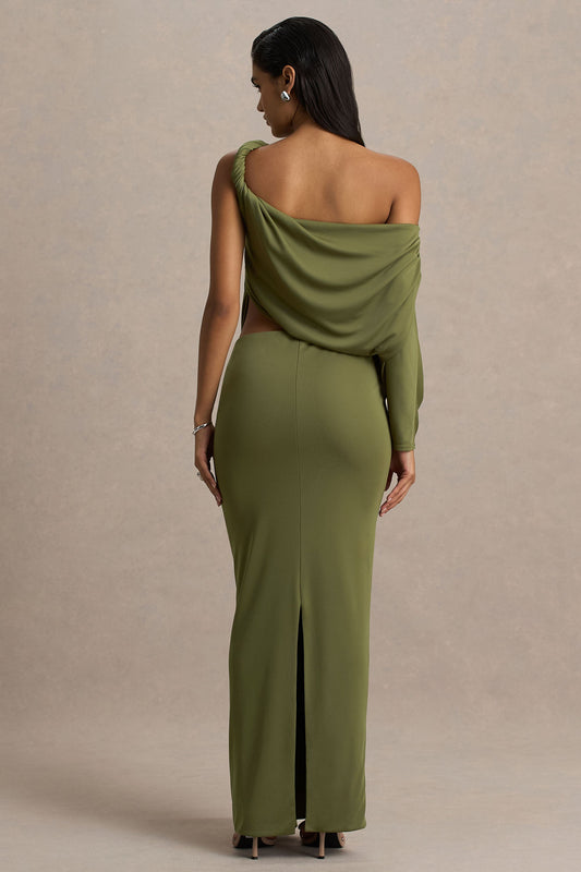 Layla | Vestido Largo Verde Oliva De Escote Asimétrico con Corte en el Cuerpo y Detalle Fruncido