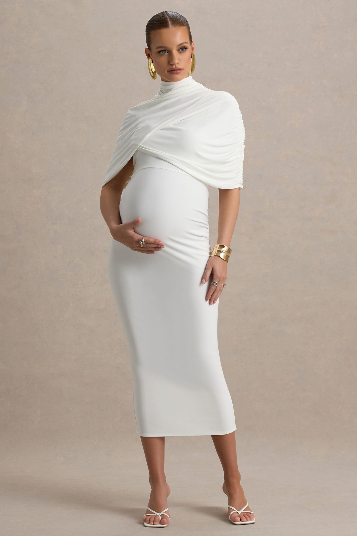 Augustina | Vestido midi premamá blanco con detalle de capa
