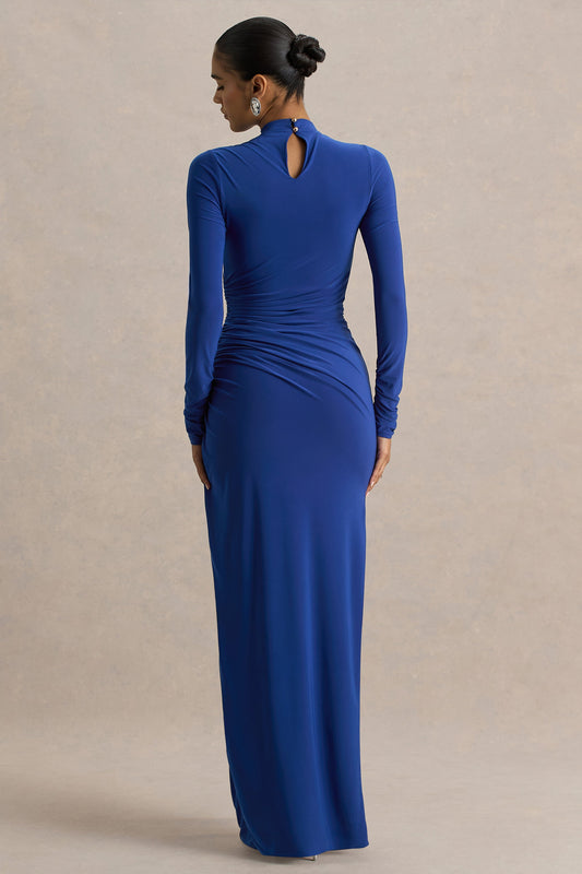 Alluring | Vestido largo en Azul cobalto de Cuello Alto con Detalles Fruncidos