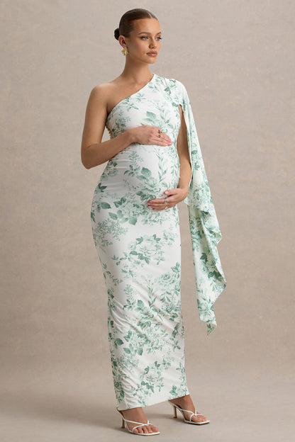 Aliana | Vestido largo premamá con una manga larga y estampado floral verdoso