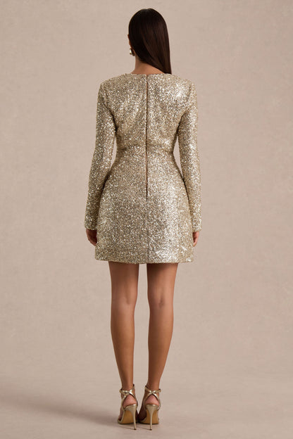 Invite | Vestido corto dorado de lentejuelas con escote cuadrado