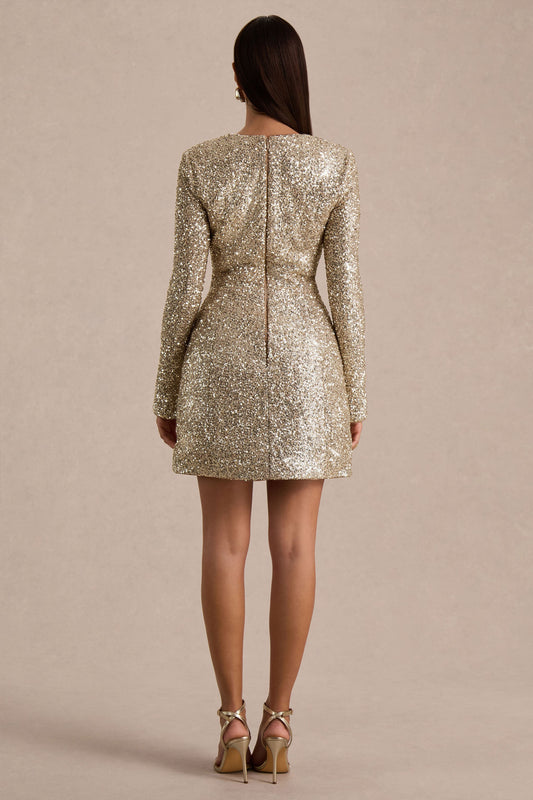 Invite | Vestido corto dorado de lentejuelas con escote cuadrado