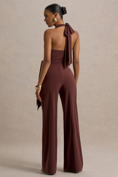 Marlais | Mono en color Chocolate con Escote Profundo y Lazo en la Cintura