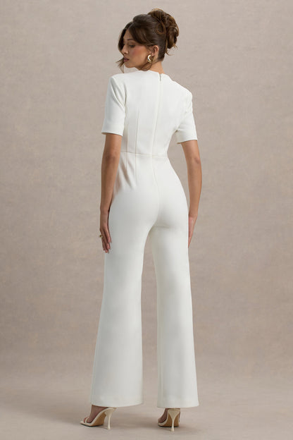Simone | Mono blanco de escote corazón, mangas cortas y pierna ancha