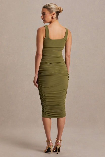 Lisbon | Vestido premamá midi en color oliva con escote cuadrado y fruncidos