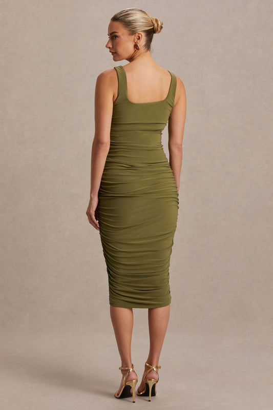 Lisbon | Vestido premamá midi en color oliva con escote cuadrado y fruncidos