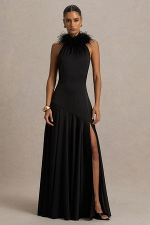 Jemima | Vestido largo de satén negro con cuello halter y detalle de plumas