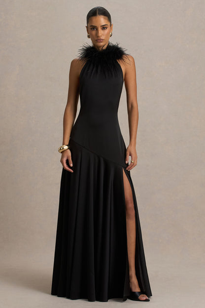 Jemima | Vestido largo de satén negro con cuello halter y detalle de plumas