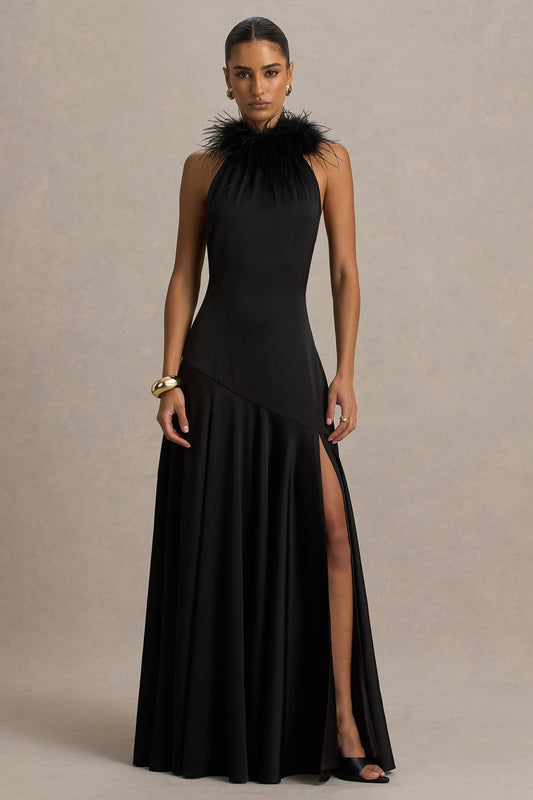 Jemima | Vestido largo de satén negro con cuello halter y detalle de plumas