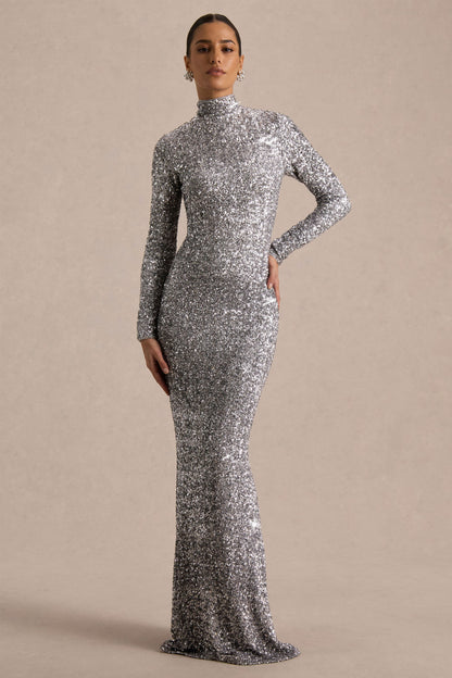 Galaxy | Vestido Largo Plateado de Lentejuelas con Cuello Cisne y Mangas Largas