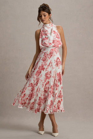 Nila | Vestido midi con estampado floral en colores crema y escote con caída