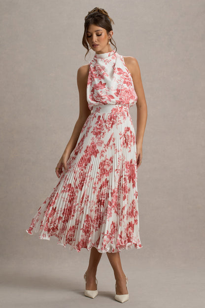 Nila | Vestido midi con estampado floral en colores crema y escote con caída